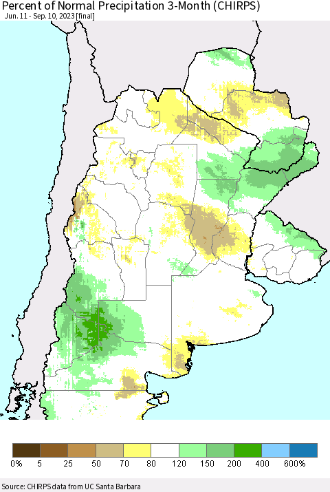 Southern South America Percent of Normal Precipitation 3-Month (CHIRPS) Thematic Map For 6/11/2023 - 9/10/2023