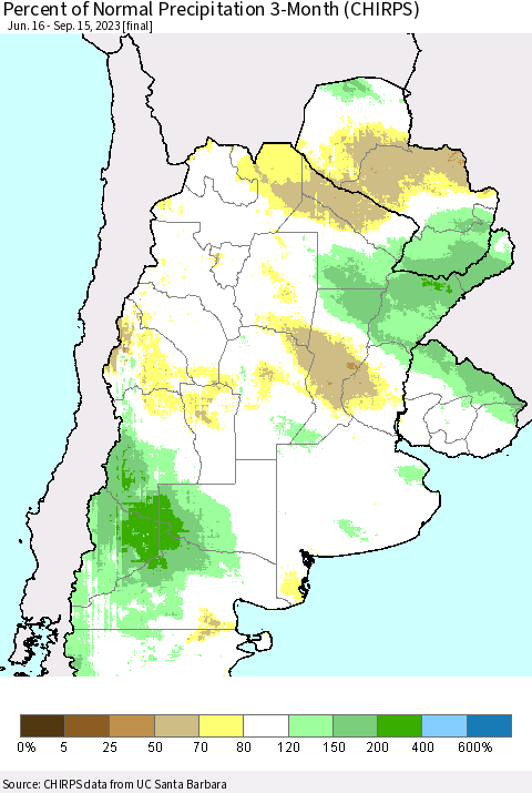 Southern South America Percent of Normal Precipitation 3-Month (CHIRPS) Thematic Map For 6/16/2023 - 9/15/2023