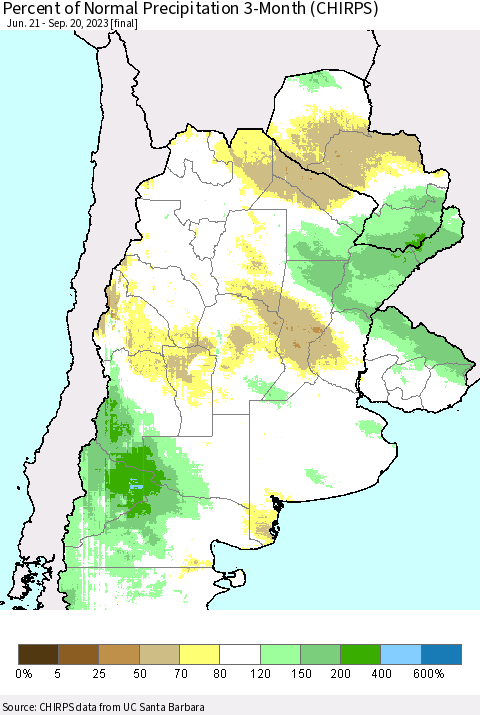 Southern South America Percent of Normal Precipitation 3-Month (CHIRPS) Thematic Map For 6/21/2023 - 9/20/2023