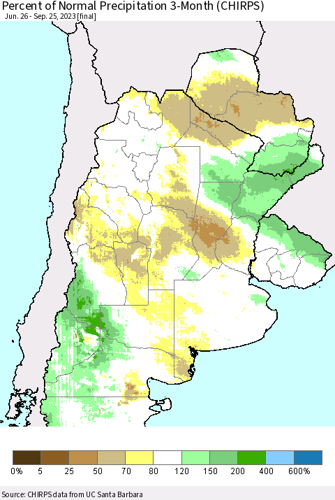Southern South America Percent of Normal Precipitation 3-Month (CHIRPS) Thematic Map For 6/26/2023 - 9/25/2023