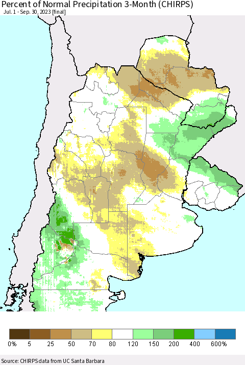 Southern South America Percent of Normal Precipitation 3-Month (CHIRPS) Thematic Map For 7/1/2023 - 9/30/2023