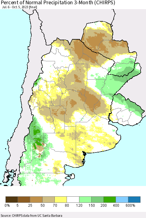 Southern South America Percent of Normal Precipitation 3-Month (CHIRPS) Thematic Map For 7/6/2023 - 10/5/2023