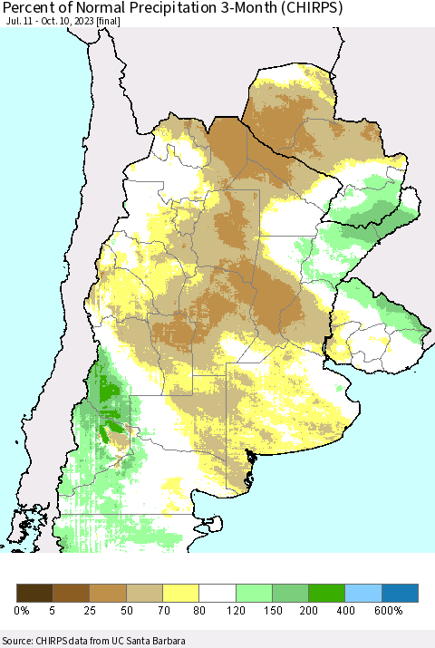Southern South America Percent of Normal Precipitation 3-Month (CHIRPS) Thematic Map For 7/11/2023 - 10/10/2023