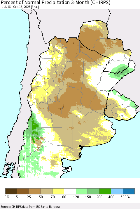 Southern South America Percent of Normal Precipitation 3-Month (CHIRPS) Thematic Map For 7/16/2023 - 10/15/2023