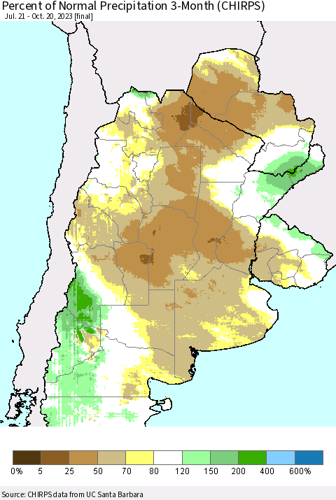 Southern South America Percent of Normal Precipitation 3-Month (CHIRPS) Thematic Map For 7/21/2023 - 10/20/2023