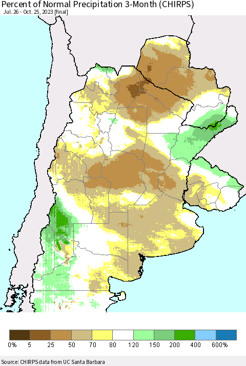 Southern South America Percent of Normal Precipitation 3-Month (CHIRPS) Thematic Map For 7/26/2023 - 10/25/2023