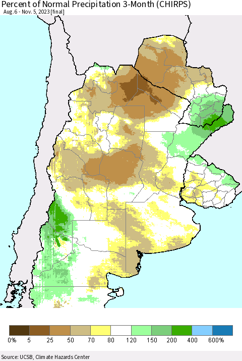 Southern South America Percent of Normal Precipitation 3-Month (CHIRPS) Thematic Map For 8/6/2023 - 11/5/2023