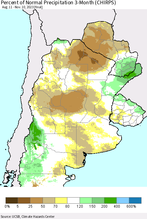 Southern South America Percent of Normal Precipitation 3-Month (CHIRPS) Thematic Map For 8/11/2023 - 11/10/2023