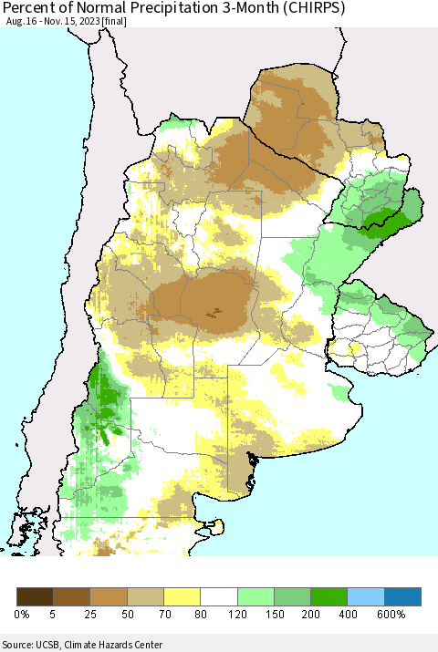 Southern South America Percent of Normal Precipitation 3-Month (CHIRPS) Thematic Map For 8/16/2023 - 11/15/2023