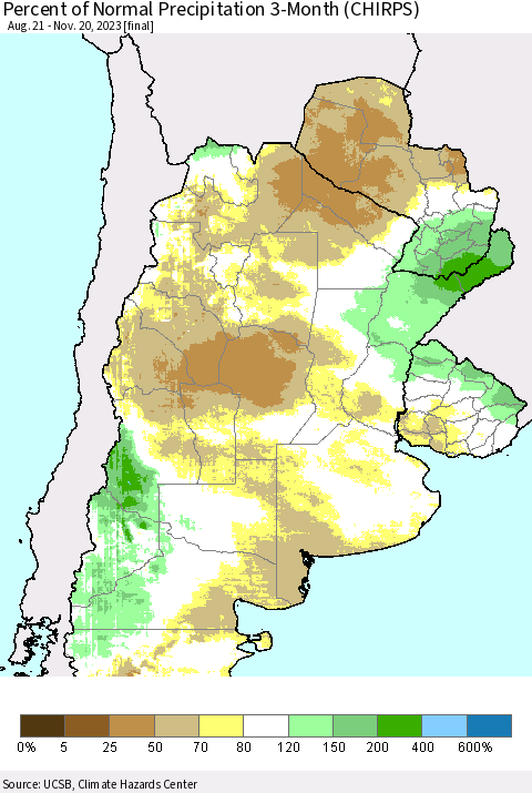 Southern South America Percent of Normal Precipitation 3-Month (CHIRPS) Thematic Map For 8/21/2023 - 11/20/2023