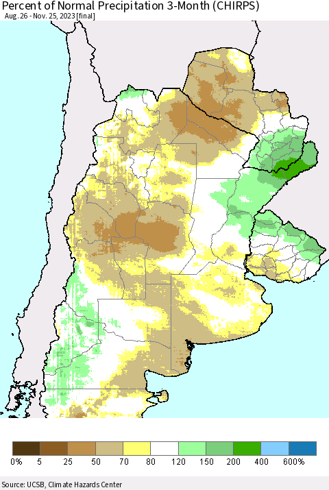 Southern South America Percent of Normal Precipitation 3-Month (CHIRPS) Thematic Map For 8/26/2023 - 11/25/2023