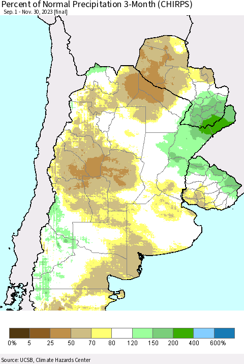 Southern South America Percent of Normal Precipitation 3-Month (CHIRPS) Thematic Map For 9/1/2023 - 11/30/2023