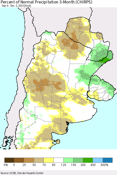 Southern South America Percent of Normal Precipitation 3-Month (CHIRPS) Thematic Map For 9/6/2023 - 12/5/2023