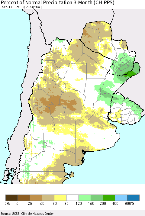 Southern South America Percent of Normal Precipitation 3-Month (CHIRPS) Thematic Map For 9/11/2023 - 12/10/2023