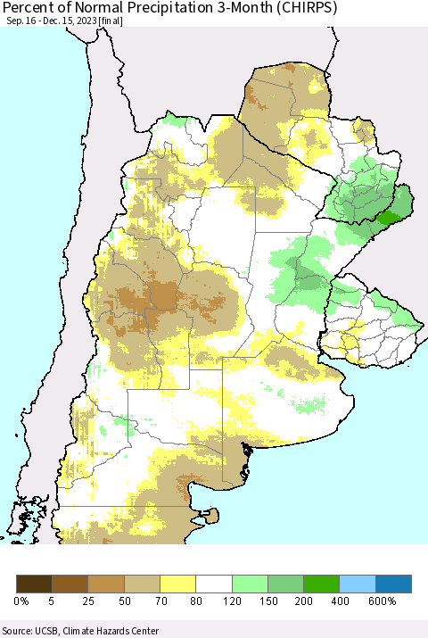 Southern South America Percent of Normal Precipitation 3-Month (CHIRPS) Thematic Map For 9/16/2023 - 12/15/2023