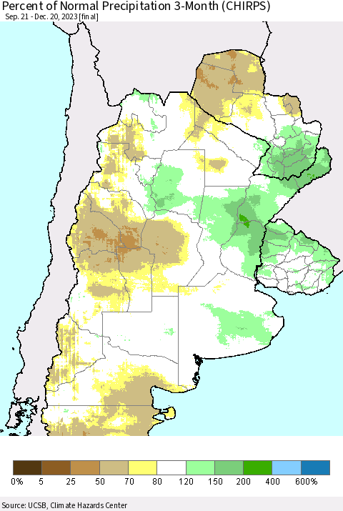 Southern South America Percent of Normal Precipitation 3-Month (CHIRPS) Thematic Map For 9/21/2023 - 12/20/2023