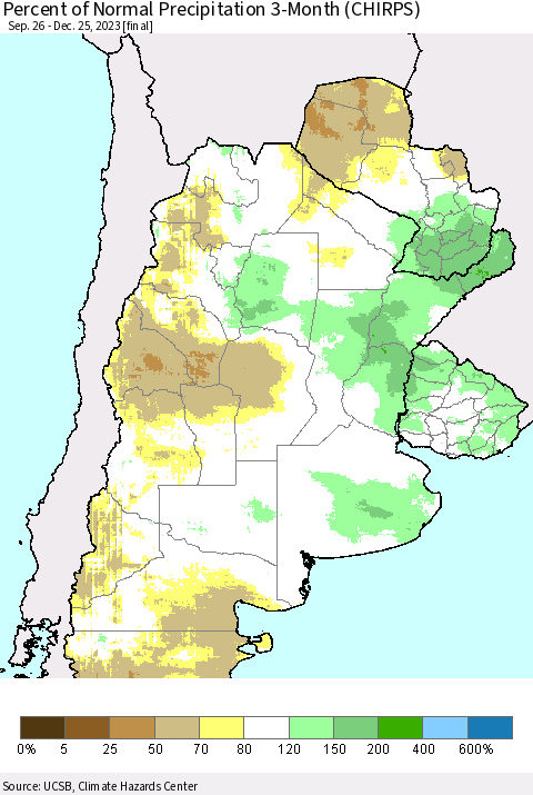 Southern South America Percent of Normal Precipitation 3-Month (CHIRPS) Thematic Map For 9/26/2023 - 12/25/2023