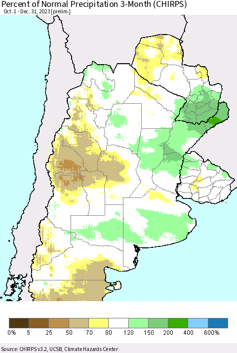 Southern South America Percent of Normal Precipitation 3-Month (CHIRPS) Thematic Map For 10/1/2023 - 12/31/2023