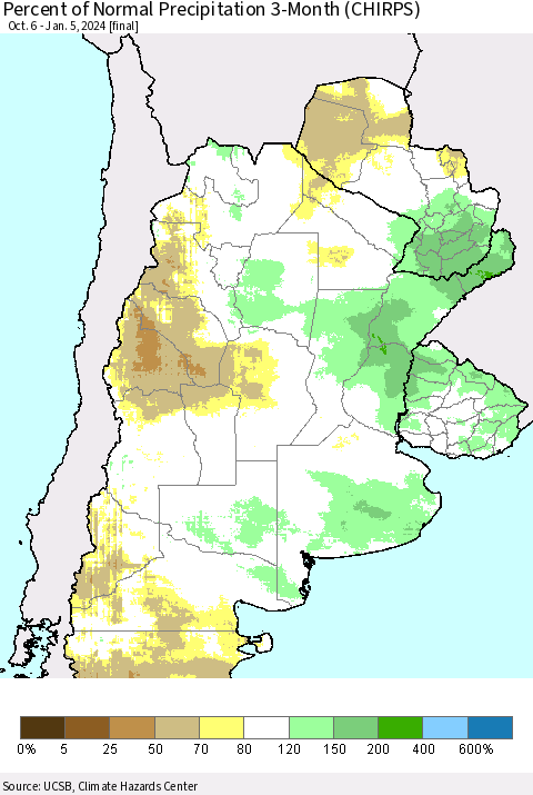 Southern South America Percent of Normal Precipitation 3-Month (CHIRPS) Thematic Map For 10/6/2023 - 1/5/2024