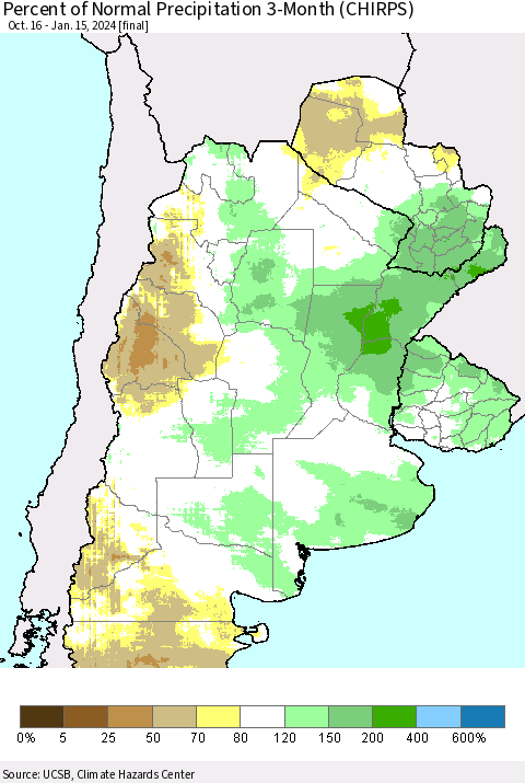 Southern South America Percent of Normal Precipitation 3-Month (CHIRPS) Thematic Map For 10/16/2023 - 1/15/2024