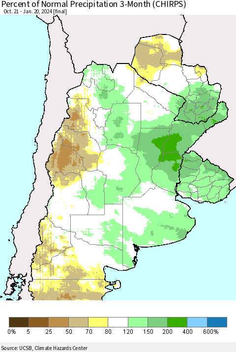 Southern South America Percent of Normal Precipitation 3-Month (CHIRPS) Thematic Map For 10/21/2023 - 1/20/2024