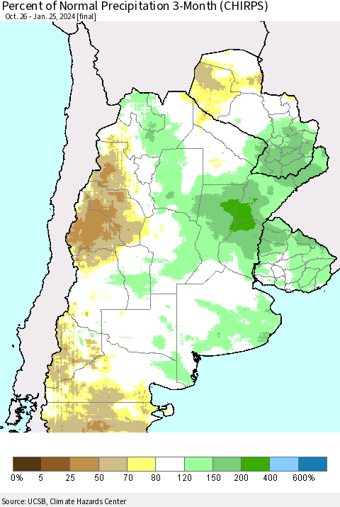Southern South America Percent of Normal Precipitation 3-Month (CHIRPS) Thematic Map For 10/26/2023 - 1/25/2024