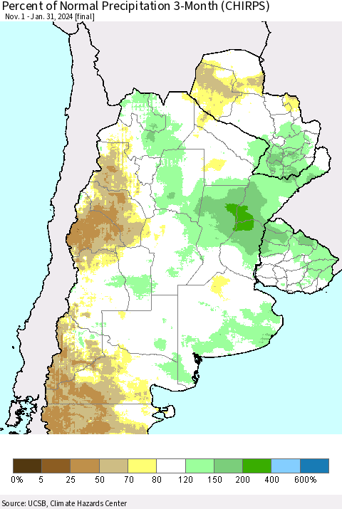 Southern South America Percent of Normal Precipitation 3-Month (CHIRPS) Thematic Map For 11/1/2023 - 1/31/2024