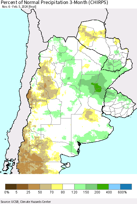 Southern South America Percent of Normal Precipitation 3-Month (CHIRPS) Thematic Map For 11/6/2023 - 2/5/2024
