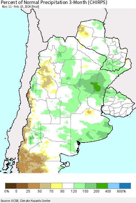 Southern South America Percent of Normal Precipitation 3-Month (CHIRPS) Thematic Map For 11/11/2023 - 2/10/2024