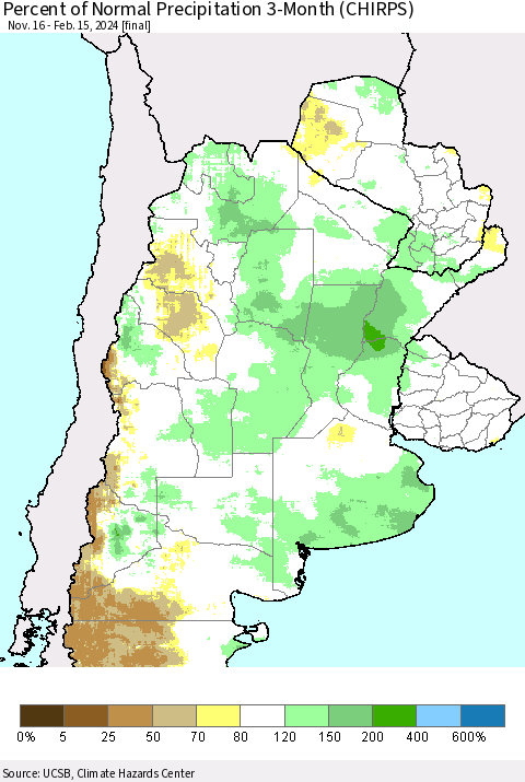 Southern South America Percent of Normal Precipitation 3-Month (CHIRPS) Thematic Map For 11/16/2023 - 2/15/2024