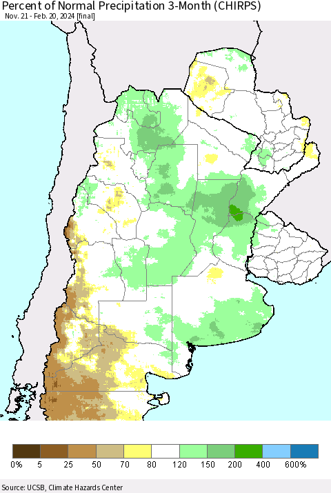 Southern South America Percent of Normal Precipitation 3-Month (CHIRPS) Thematic Map For 11/21/2023 - 2/20/2024