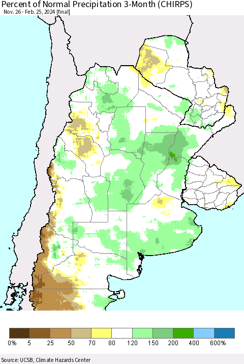 Southern South America Percent of Normal Precipitation 3-Month (CHIRPS) Thematic Map For 11/26/2023 - 2/25/2024