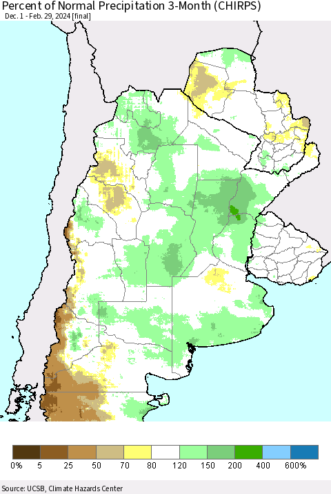 Southern South America Percent of Normal Precipitation 3-Month (CHIRPS) Thematic Map For 12/1/2023 - 2/29/2024