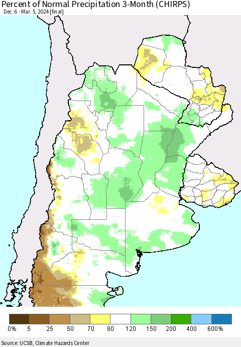 Southern South America Percent of Normal Precipitation 3-Month (CHIRPS) Thematic Map For 12/6/2023 - 3/5/2024