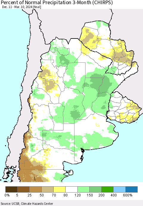 Southern South America Percent of Normal Precipitation 3-Month (CHIRPS) Thematic Map For 12/11/2023 - 3/10/2024