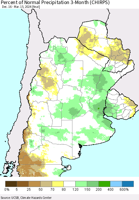 Southern South America Percent of Normal Precipitation 3-Month (CHIRPS) Thematic Map For 12/16/2023 - 3/15/2024