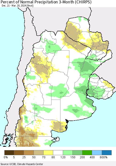 Southern South America Percent of Normal Precipitation 3-Month (CHIRPS) Thematic Map For 12/21/2023 - 3/20/2024