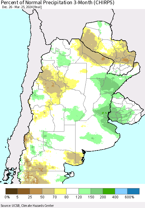 Southern South America Percent of Normal Precipitation 3-Month (CHIRPS) Thematic Map For 12/26/2023 - 3/25/2024
