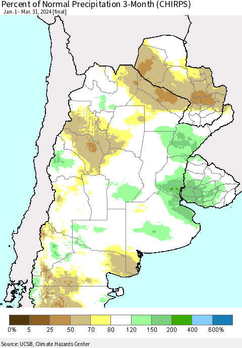 Southern South America Percent of Normal Precipitation 3-Month (CHIRPS) Thematic Map For 1/1/2024 - 3/31/2024