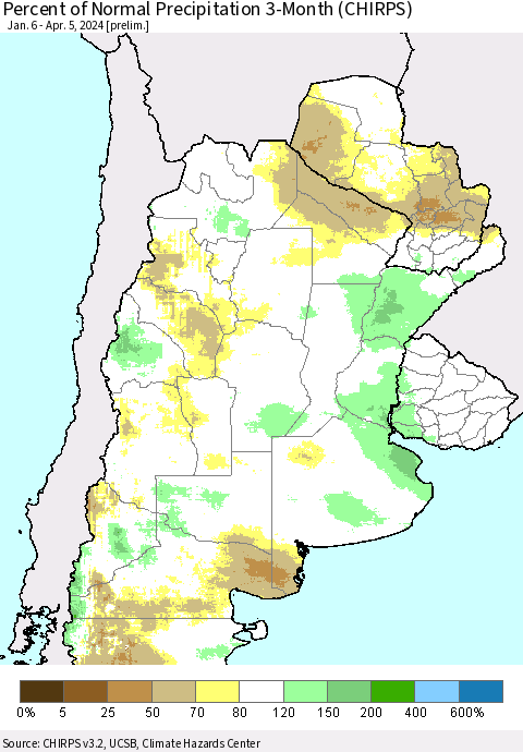 Southern South America Percent of Normal Precipitation 3-Month (CHIRPS) Thematic Map For 1/6/2024 - 4/5/2024