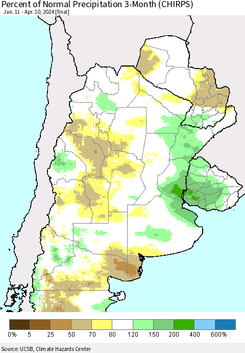 Southern South America Percent of Normal Precipitation 3-Month (CHIRPS) Thematic Map For 1/11/2024 - 4/10/2024