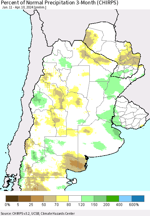 Southern South America Percent of Normal Precipitation 3-Month (CHIRPS) Thematic Map For 1/11/2024 - 4/10/2024