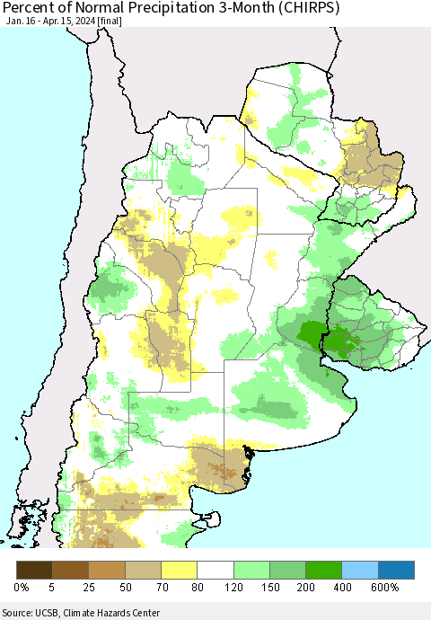 Southern South America Percent of Normal Precipitation 3-Month (CHIRPS) Thematic Map For 1/16/2024 - 4/15/2024