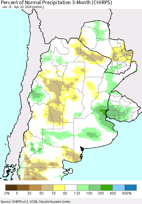 Southern South America Percent of Normal Precipitation 3-Month (CHIRPS) Thematic Map For 1/21/2024 - 4/20/2024