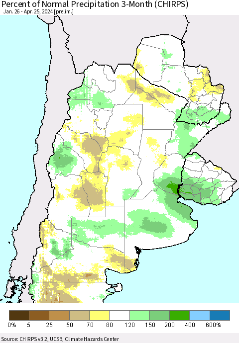 Southern South America Percent of Normal Precipitation 3-Month (CHIRPS) Thematic Map For 1/26/2024 - 4/25/2024