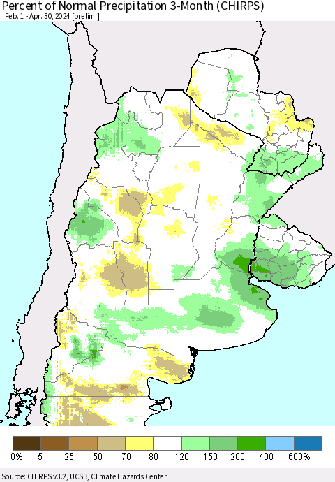 Southern South America Percent of Normal Precipitation 3-Month (CHIRPS) Thematic Map For 2/1/2024 - 4/30/2024