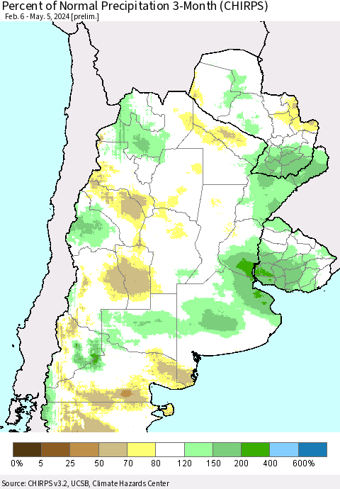 Southern South America Percent of Normal Precipitation 3-Month (CHIRPS) Thematic Map For 2/6/2024 - 5/5/2024