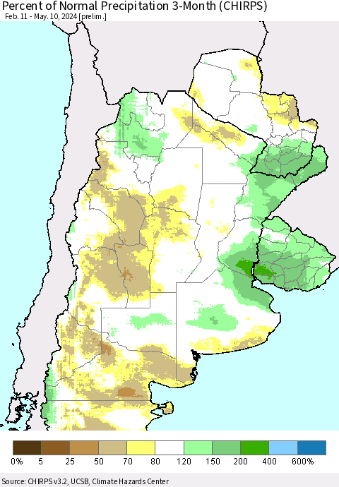 Southern South America Percent of Normal Precipitation 3-Month (CHIRPS) Thematic Map For 2/11/2024 - 5/10/2024