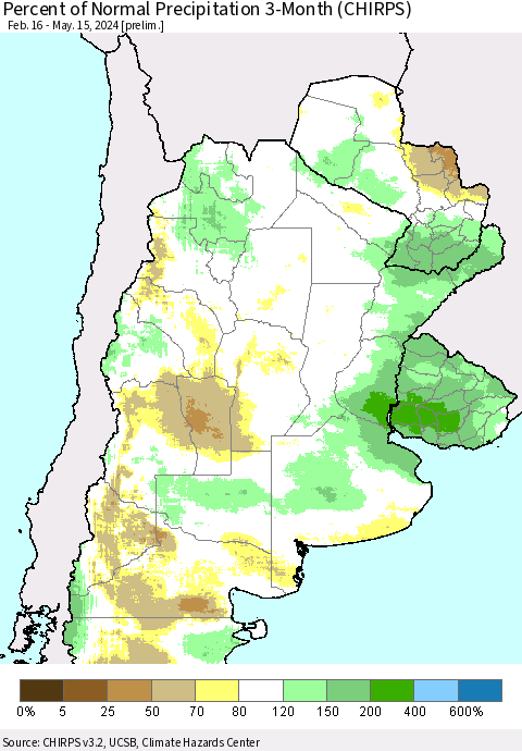 Southern South America Percent of Normal Precipitation 3-Month (CHIRPS) Thematic Map For 2/16/2024 - 5/15/2024