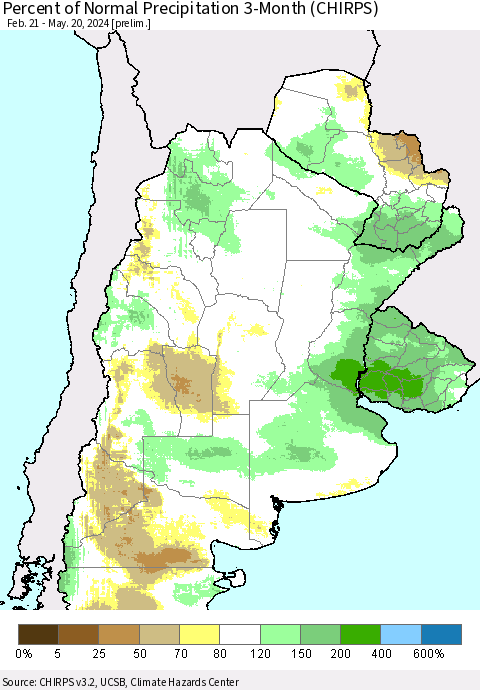 Southern South America Percent of Normal Precipitation 3-Month (CHIRPS) Thematic Map For 2/21/2024 - 5/20/2024